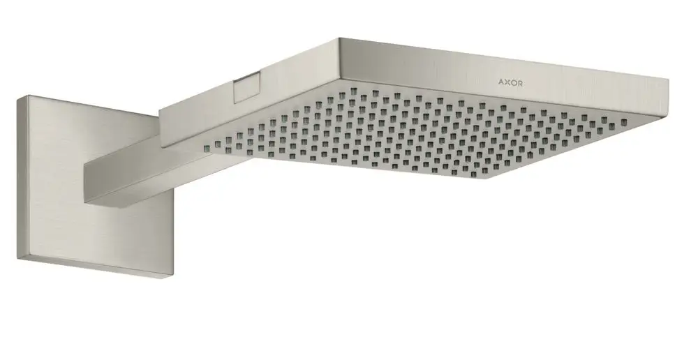 Duschkopf mit flachem, rechteckigem Design und Duschelementen, montiert an einem Wandarm. Marke AXOR, aus Edelstahl-Optik.